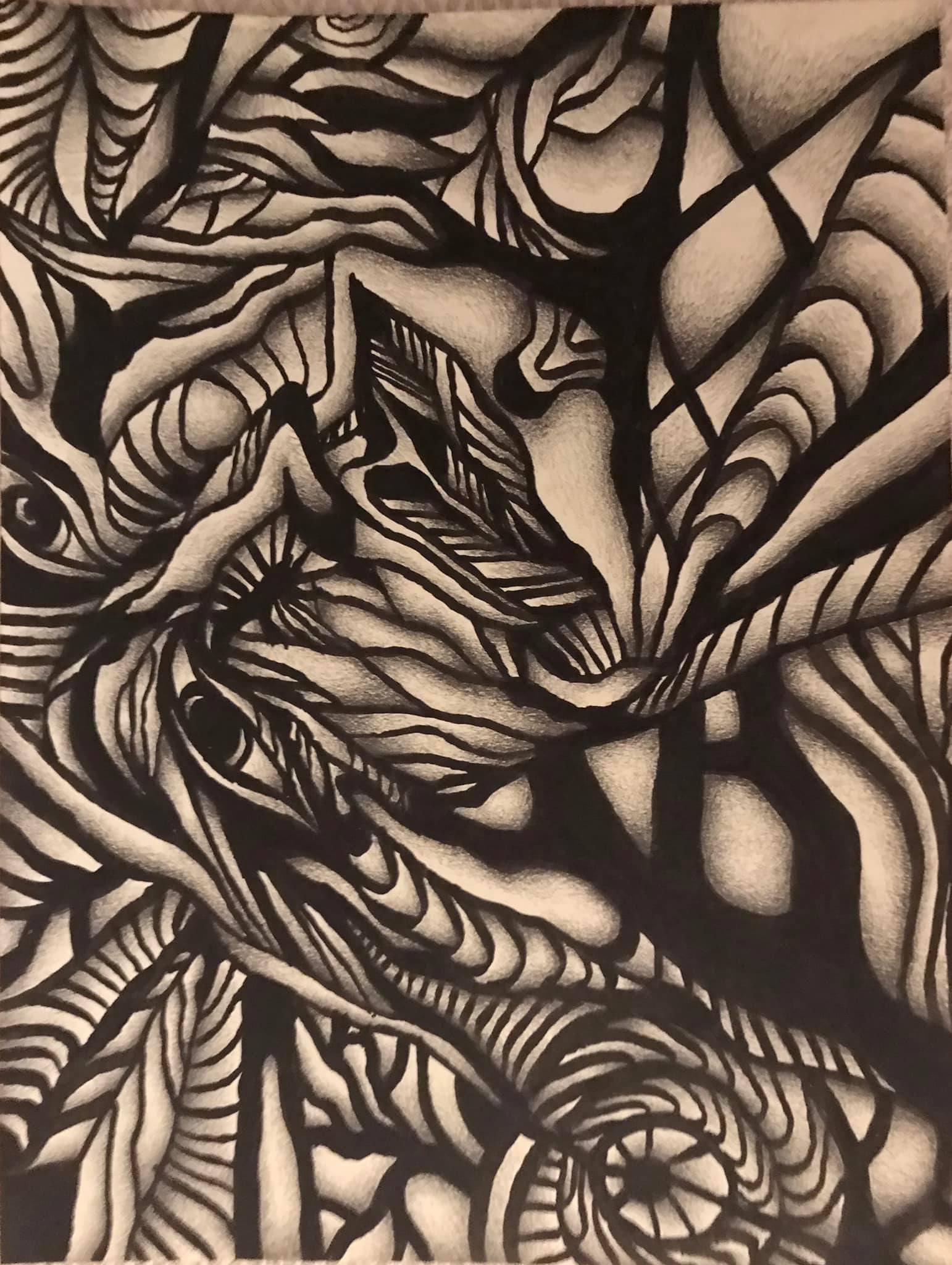 "The Fabric of Time.” a Self-Portrait in India Ink and Graphite by Saima Shamsi