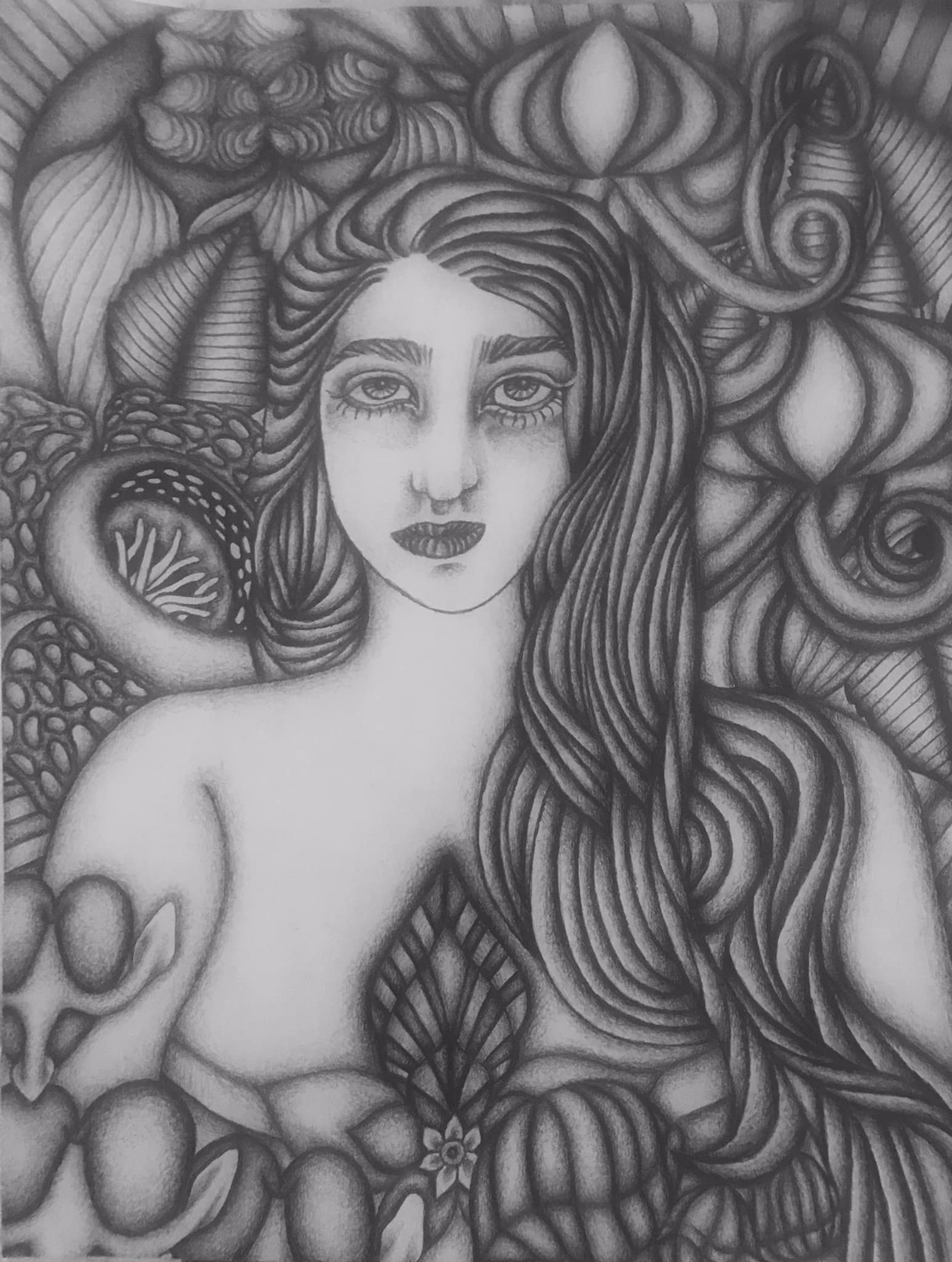 "Self-Portrait with Strange and Poisonous Flowers" a fine art drawing in graphite, by Saima Shamsi