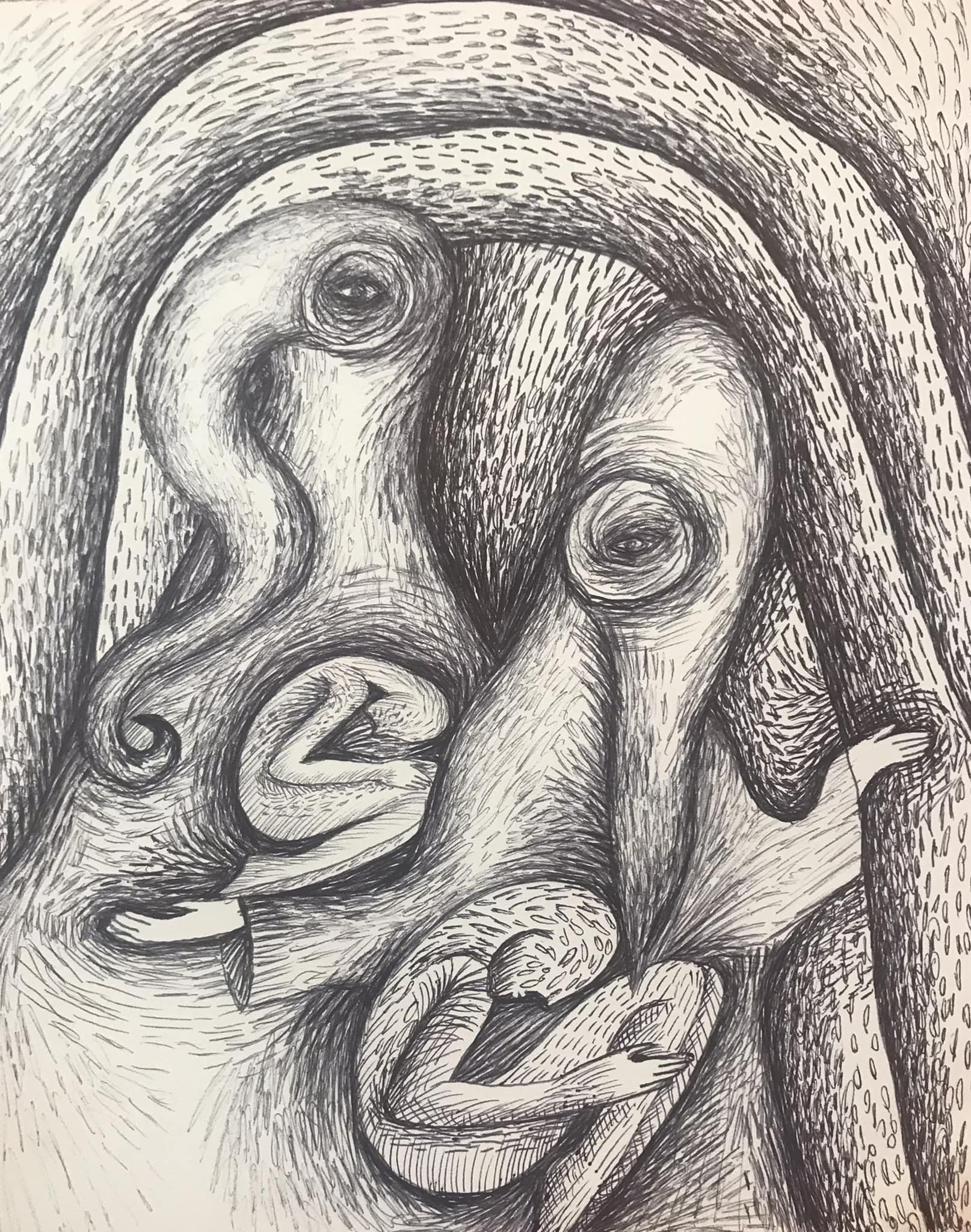 "The Protectors" a drawing in pen and ink by Saima Shamsi