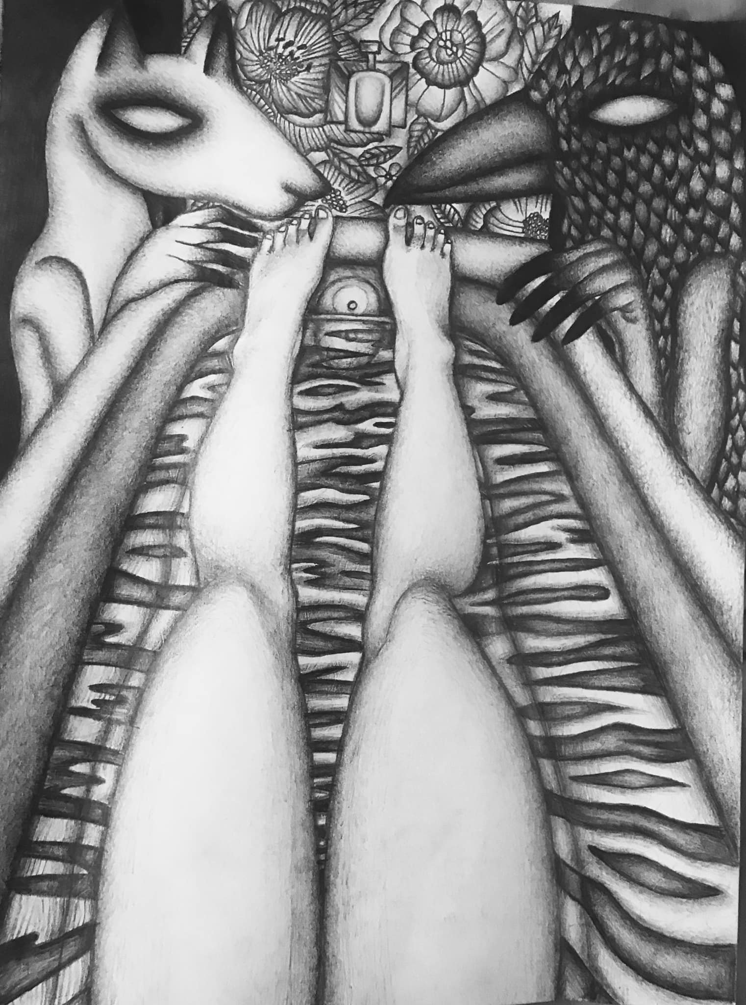 "Midnight Baptism" a drawing in graphite by Saima Shamsi