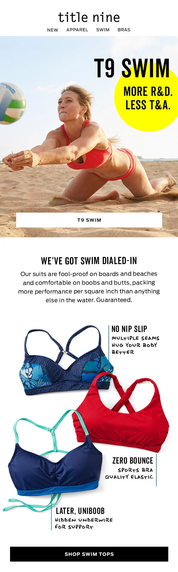Swim tops campaign email positioning Title Nine swim tops as performance swimwear