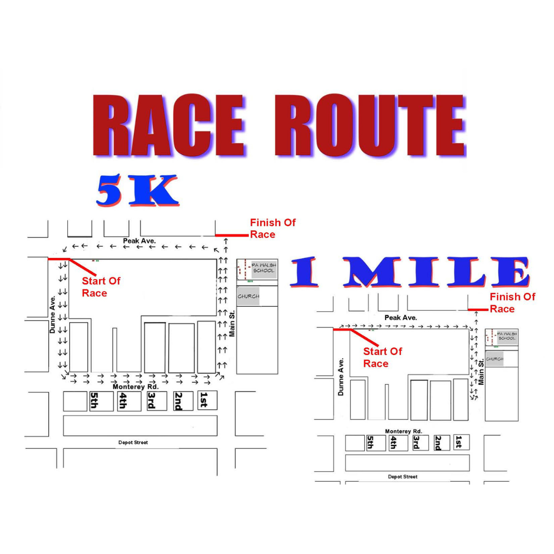 Map showing the route for a 5K race and a 1-mile race, with start and finish points marked, along with street names and labels for church, school, and residential areas.