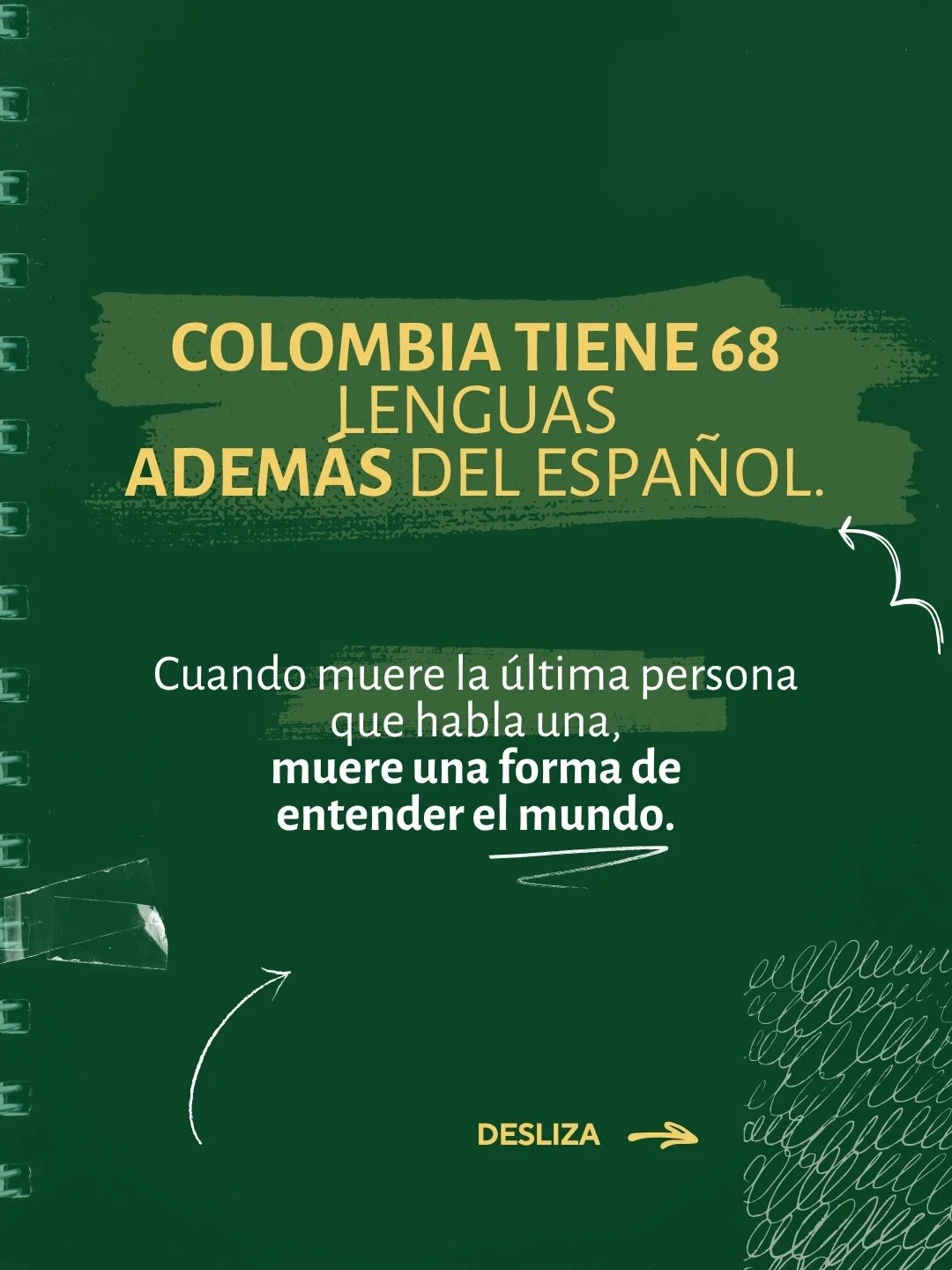 Adem&aacute;s del espa&ntilde;ol, Colombia tiene 68 lenguas nativas. Cuando muere la &uacute;ltima persona que habla una de ellas, muere tambi&eacute;n una forma de entender el mundo que no existe en ning&uacute;n otro idioma y que ya no volver&aacut