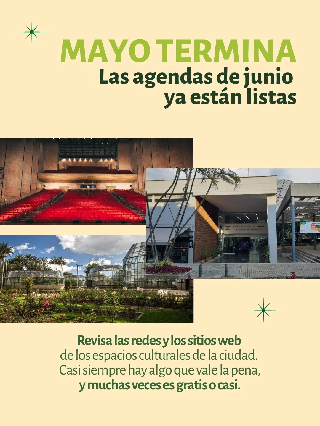 El mes se fue con acordeones y cine colombiano, con Orson Welles y agua milenaria, con astronautas solos en el universo y maestros que cambiaron vidas.

Ahora llega junio. El MAMM, el Museo de Antioquia, la Biblioteca P&uacute;blica Piloto, el Teatro