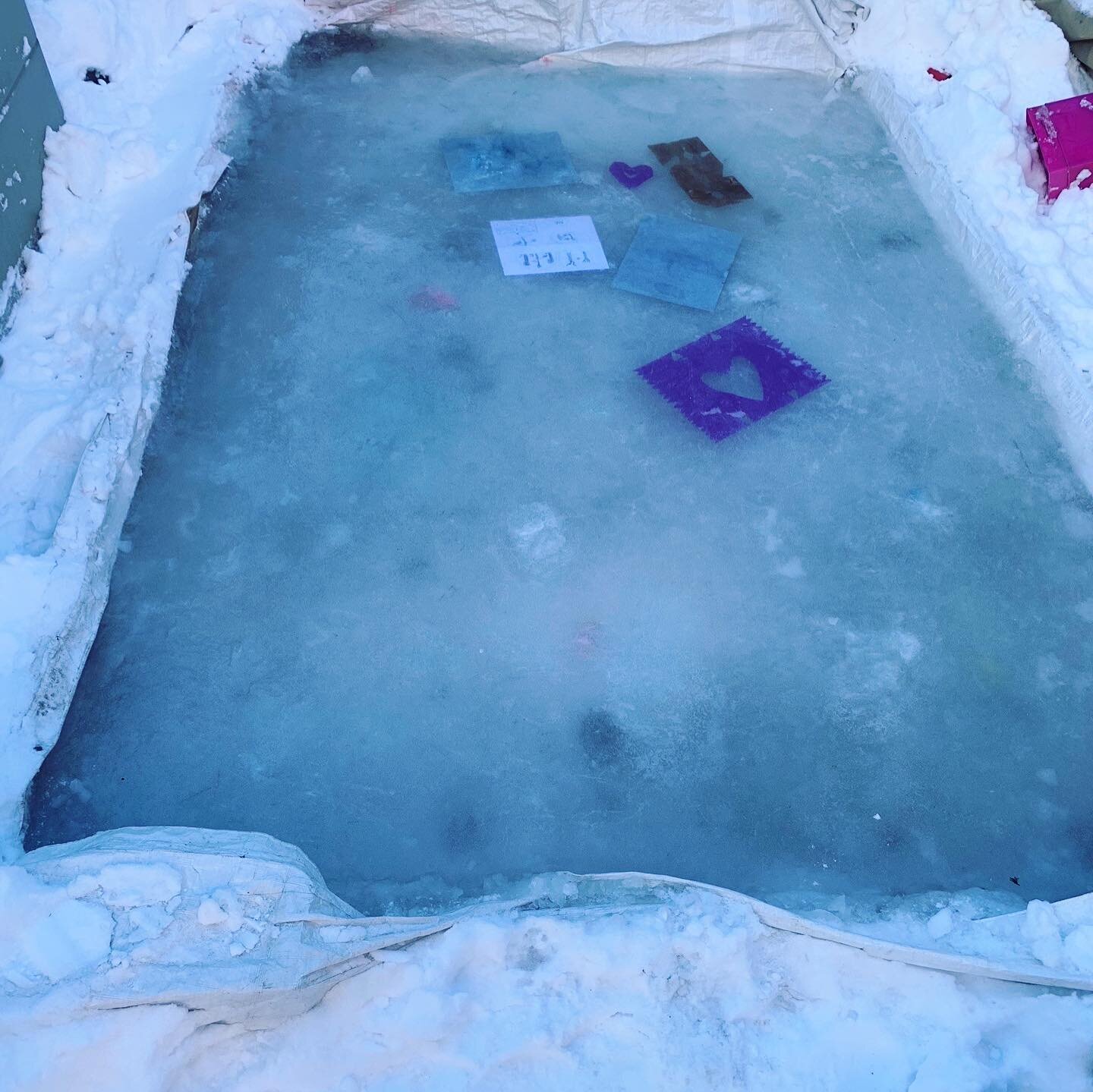 Margot and Elliot&rsquo;s &ldquo;frozen art display&rdquo; =&gt;They placed some drawings and cutouts into their backyard skating rink and flooded it with water! #artsmartclinton