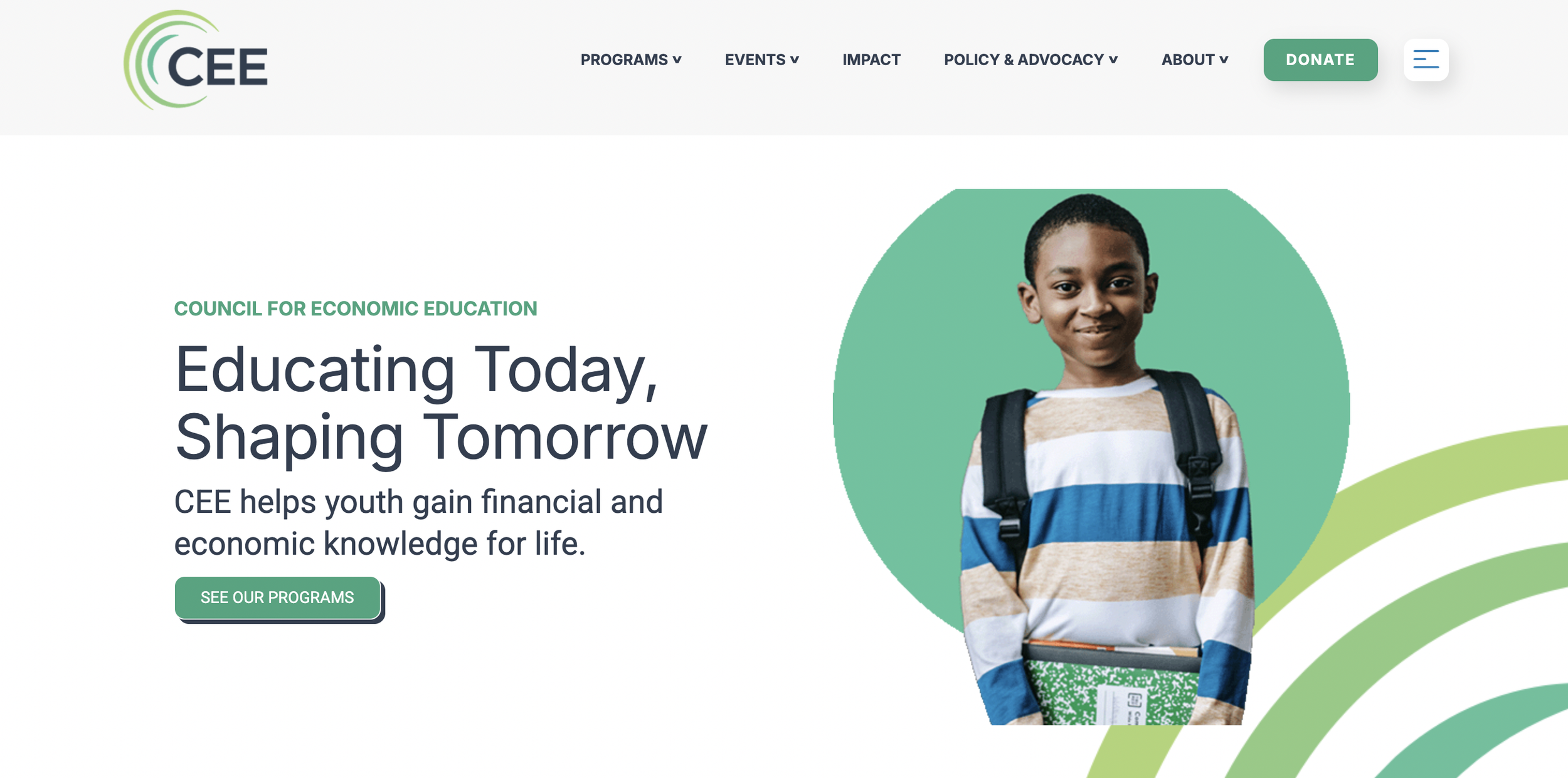 A screenshot of CEE's homepage.