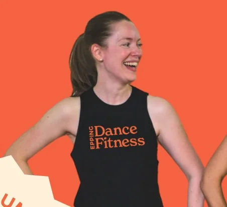 Person smiling in a black sleeveless top with "Epping Dance Fitness" logo, against an orange background.