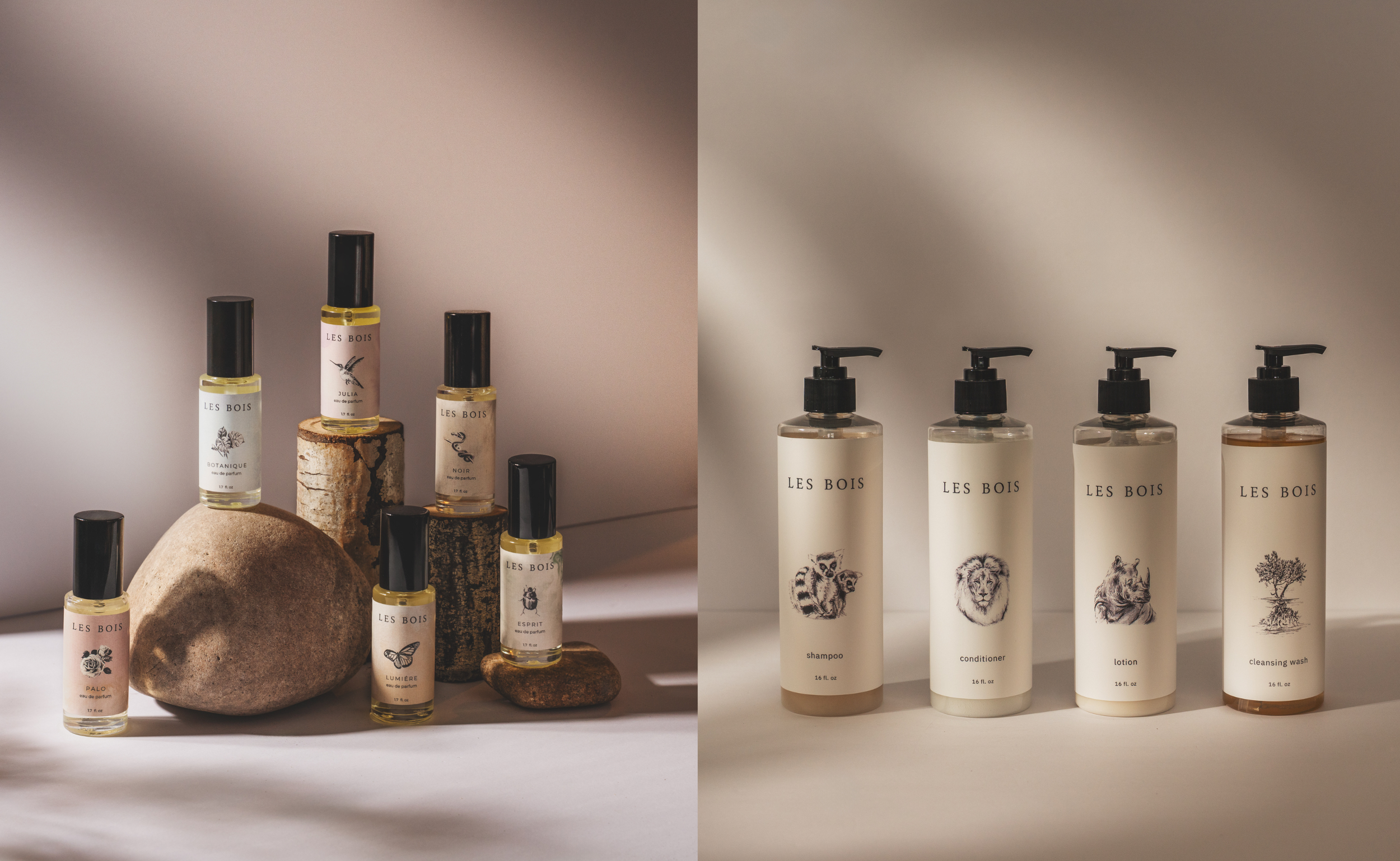Les Bois perfumes and amenities on shadowy backgrounds