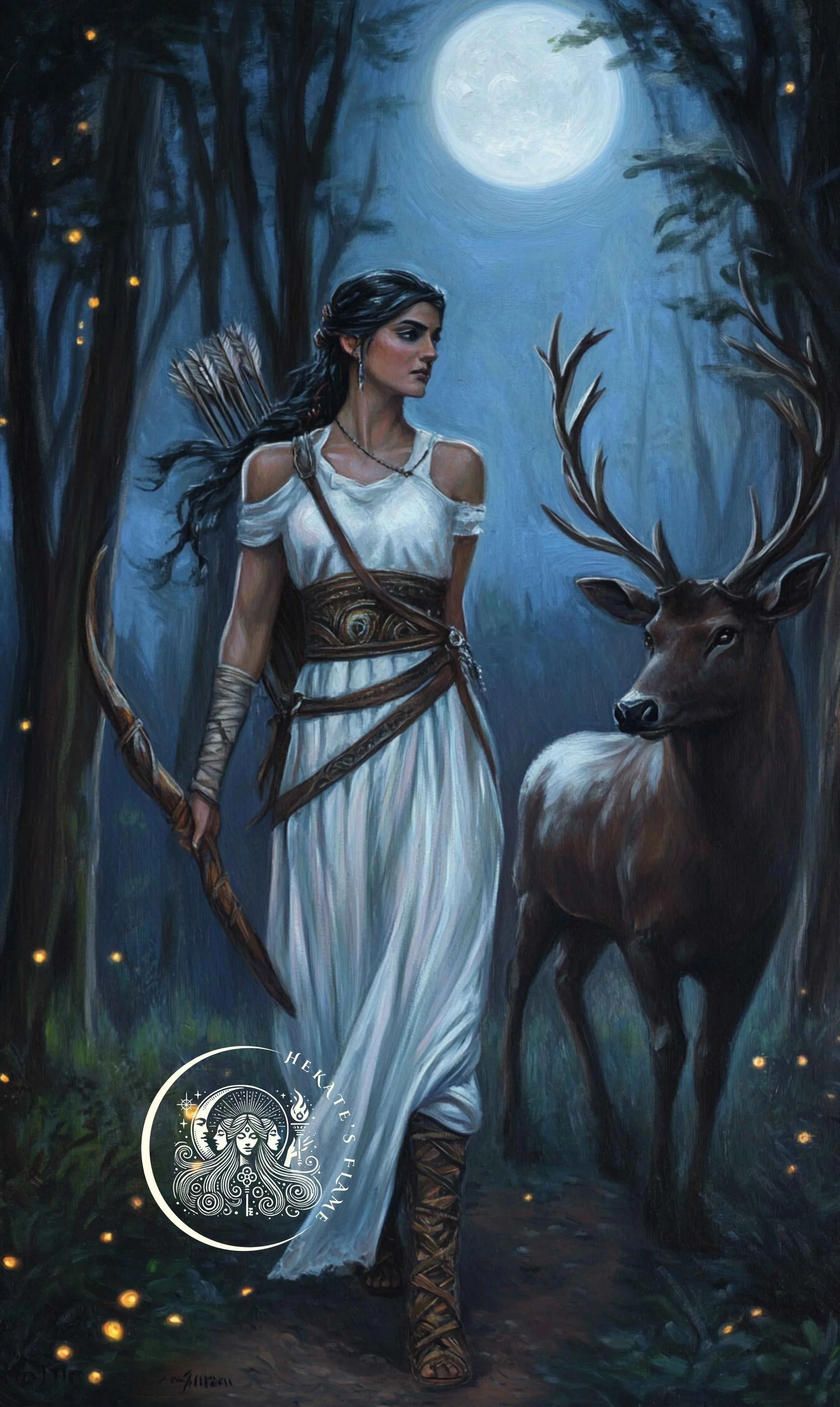 A moonlit Artemis strides through the forest beside a stag, bow in hand, featured on a candle celebrating the goddess of the hunt and wilderness.