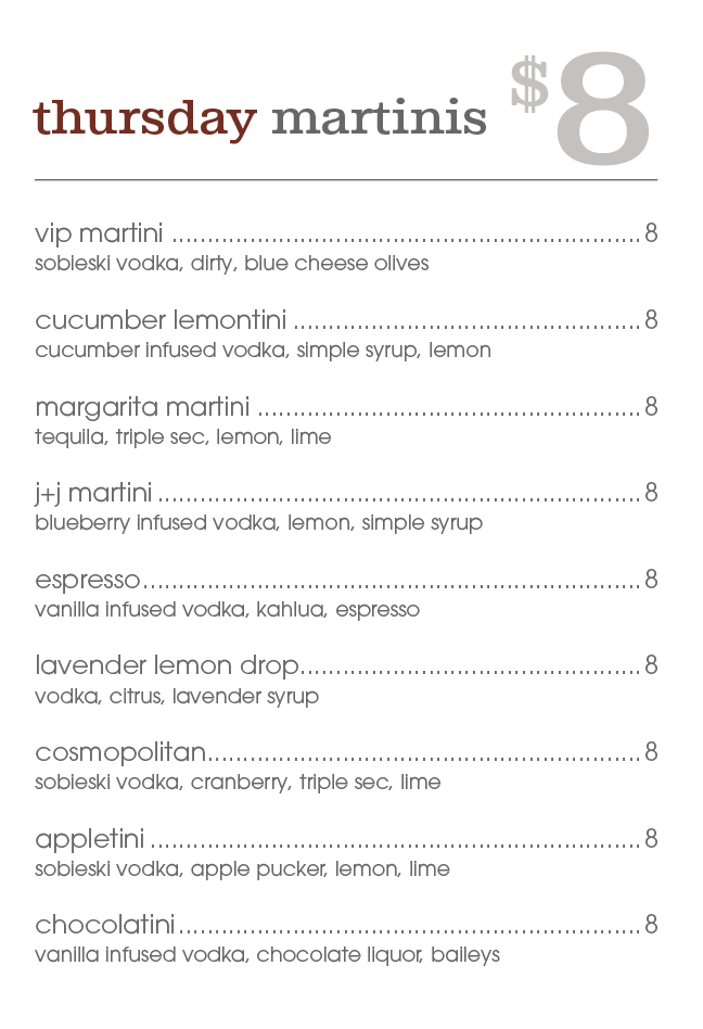 $8 martini Thursday specials menu at Aaron & Moses pub tavern grille in Twinsburg OH