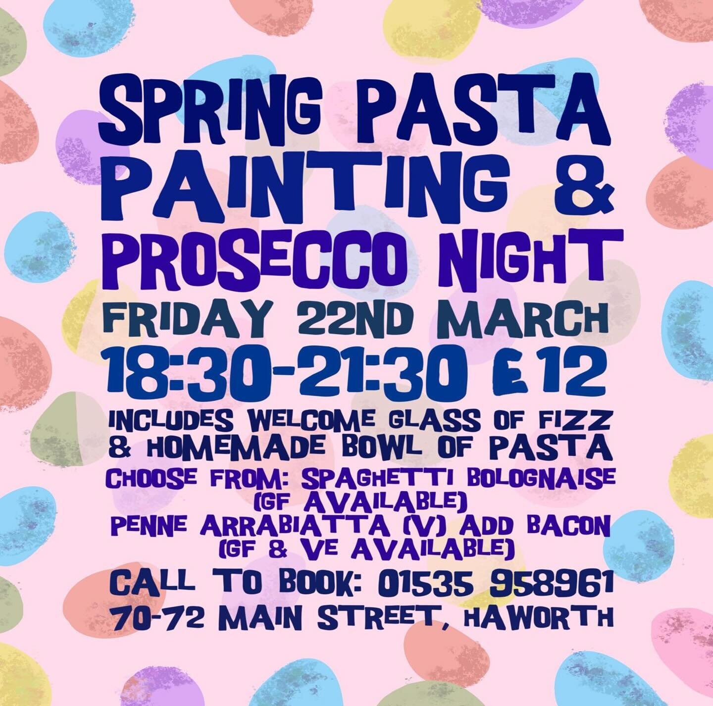 We will be holding a sip &amp; paint evening on Friday 22nd March. A great way to get together with friends &amp; family or a date night. 🥂🎨🍝

Tickets are &pound;12 per person and include a glass of fizz upon arrival and a bowl of pasta. To book a