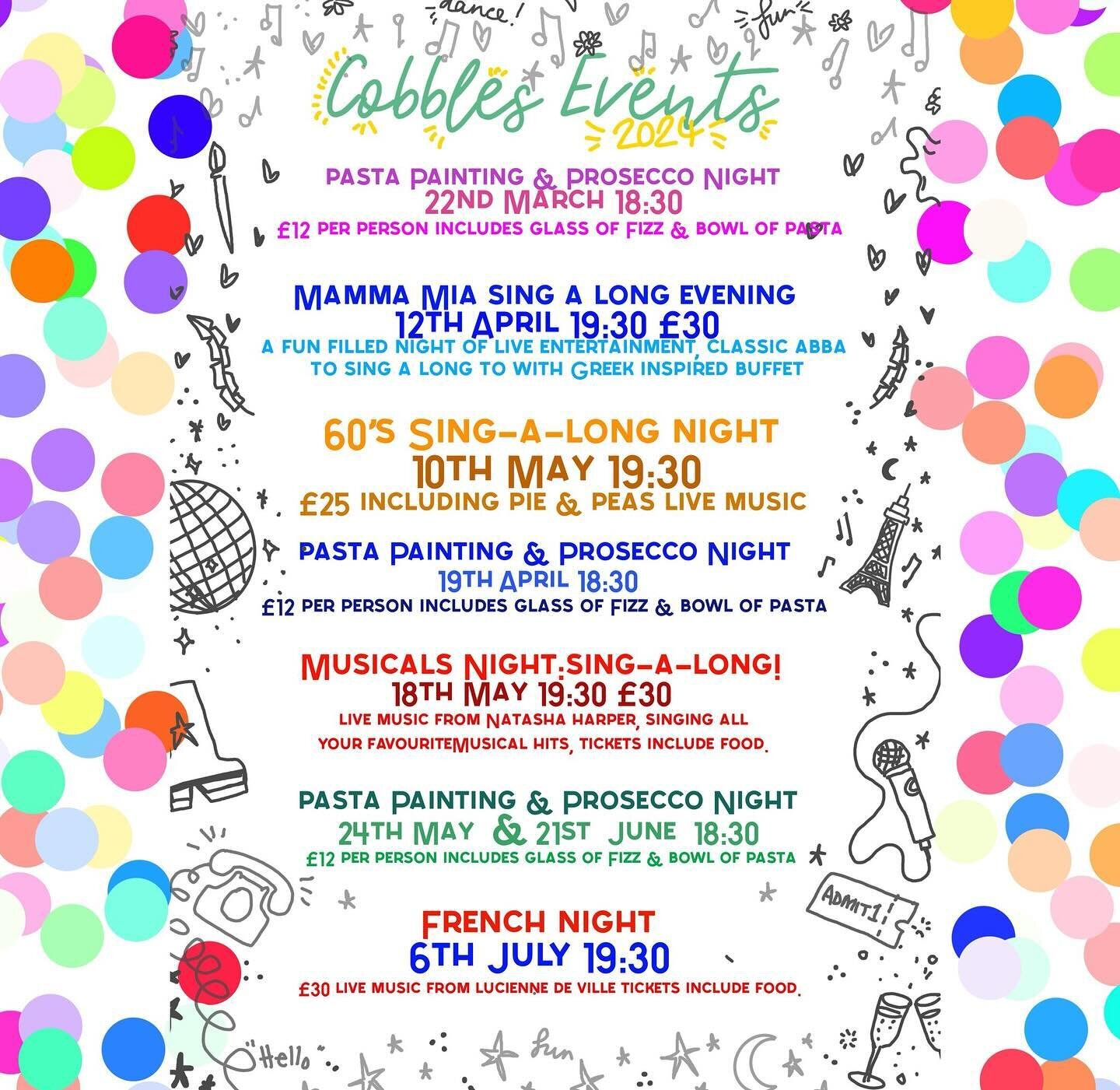 We&rsquo;ve got an exciting line up of events at Cobbles and Clay in the coming months. 🎨🕺✨

To book any of these events, please call us on 01535 958961. We do not take bookings through social media. Thank you! ✨