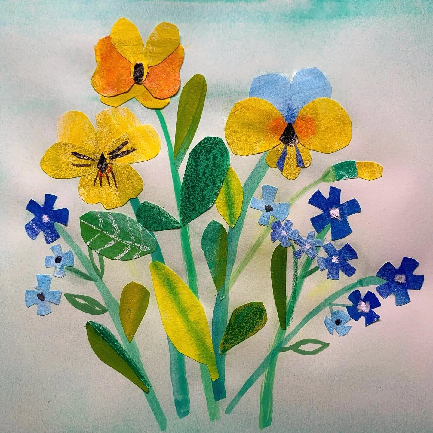 A collage spring bouquet- I haven&rsquo;t created the flowers. I loved the blue and leaves flowers textured made by a collage painted paper.