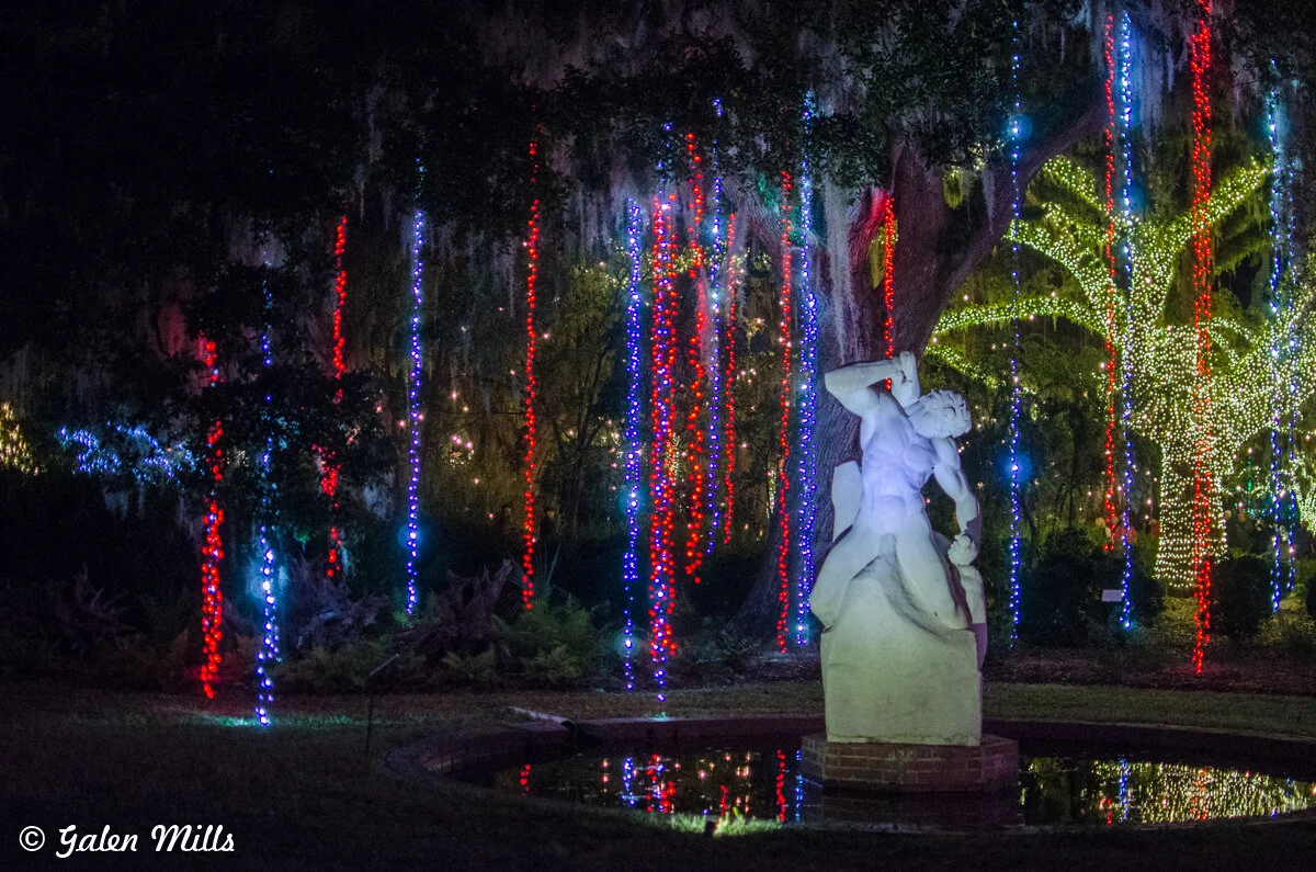 A statue of a man in a garden decorated with colorful string lights at night.