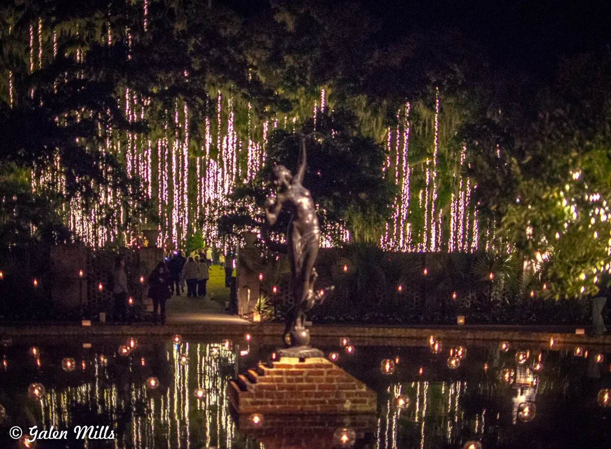 A statue near a reflective pond surrounded by trees and string lights at night.