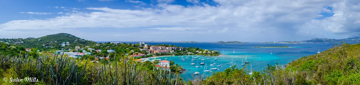 Panoramic view of a coastal town with lush greenery, colorful buildings, and boats anchored in a turquoise bay under a partly cloudy sky.