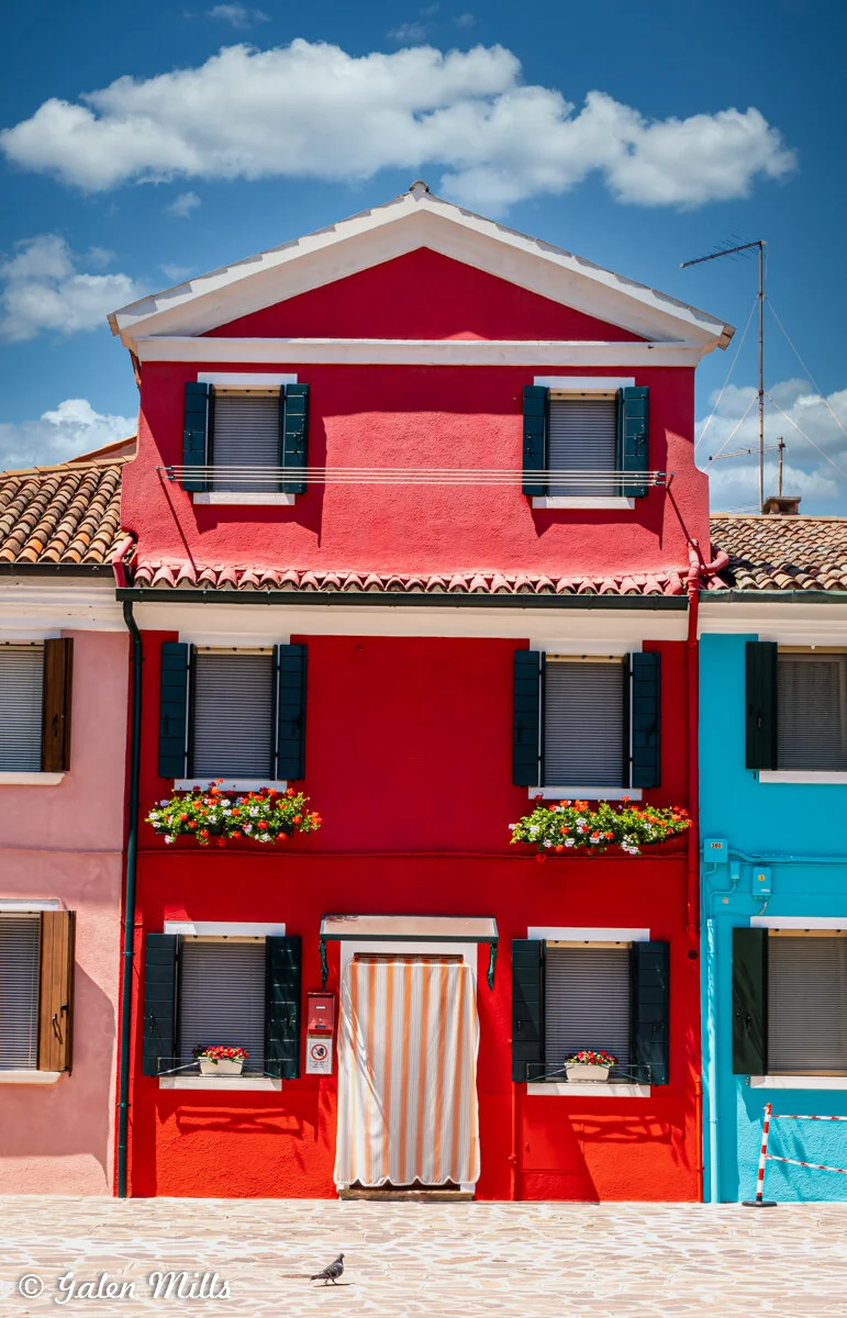 Colorful houses with red and blue facades and dark shutters, featuring flower boxes under windows and a striped awning. A small bird walks on a cobblestone path in front. Bright, clear sky above.