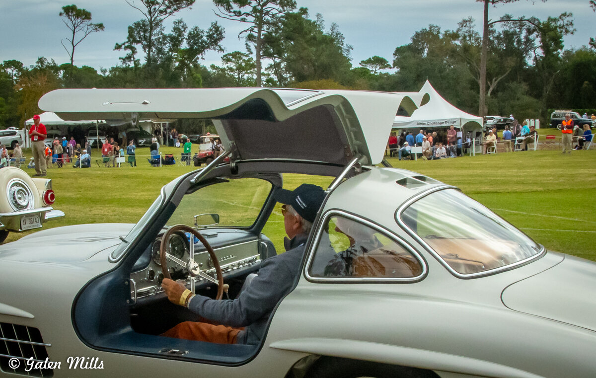 Person sitting in a classic car with gullwing doors open at a car show, surrounded by people and tents on a grassy field.