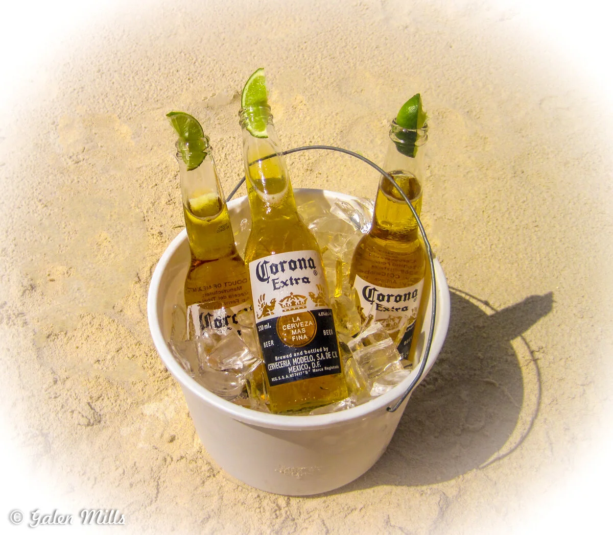 Bucket with ice and bottles of Corona beer on sandy beach.