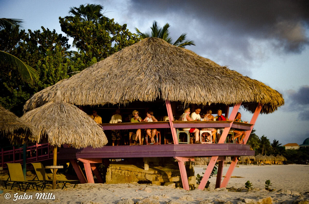 Beachside tiki hut bar with thatched roof, tropical setting, people sitting and relaxing, palm trees in background.
