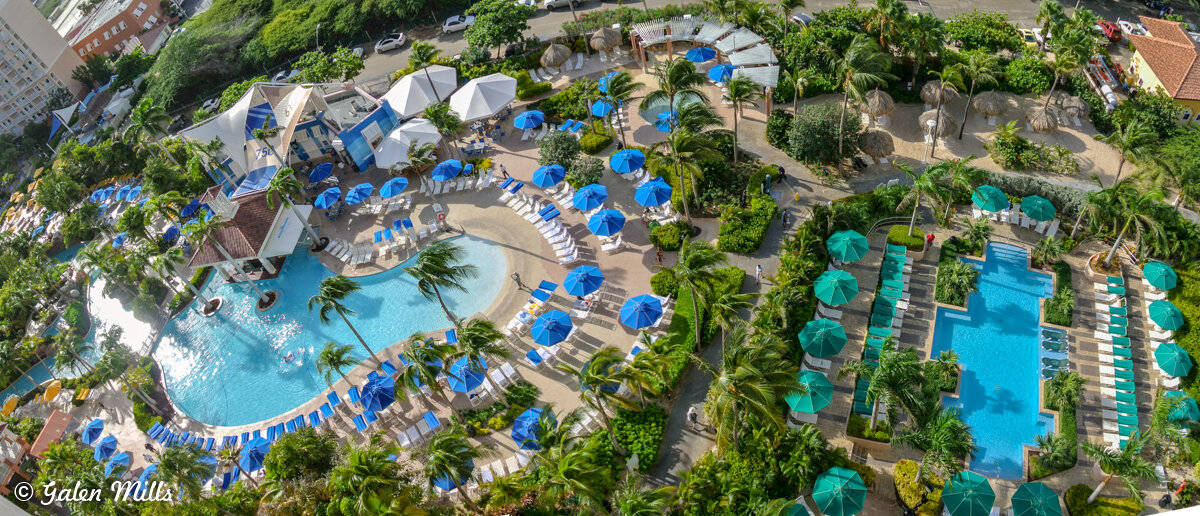 Aerial view of a resort pool area with blue and green umbrellas, lounge chairs, palm trees, and surrounding greenery.