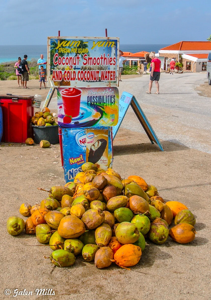 Outdoor coconut smoothie and water stand with coconuts on ground near beach.