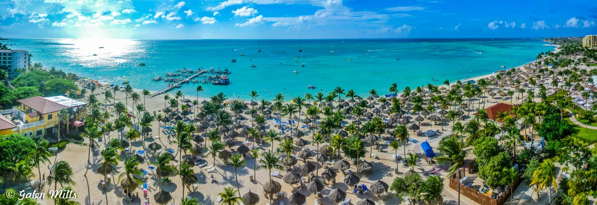 Panoramic view of a tropical beach with palm trees, thatched umbrellas, and turquoise ocean waters. Boats are visible in the water, and a pier extends into the sea. The beach is bordered by lush greenery and resort buildings.
