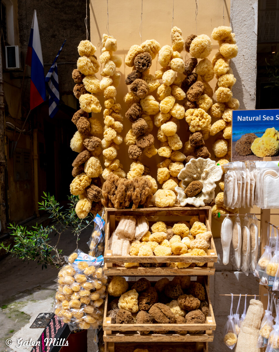 Display of natural sea sponges hanging and stacked in wooden crates, with some packaged for sale. The background includes flags and a sign reading "Natural Sea Sponges."