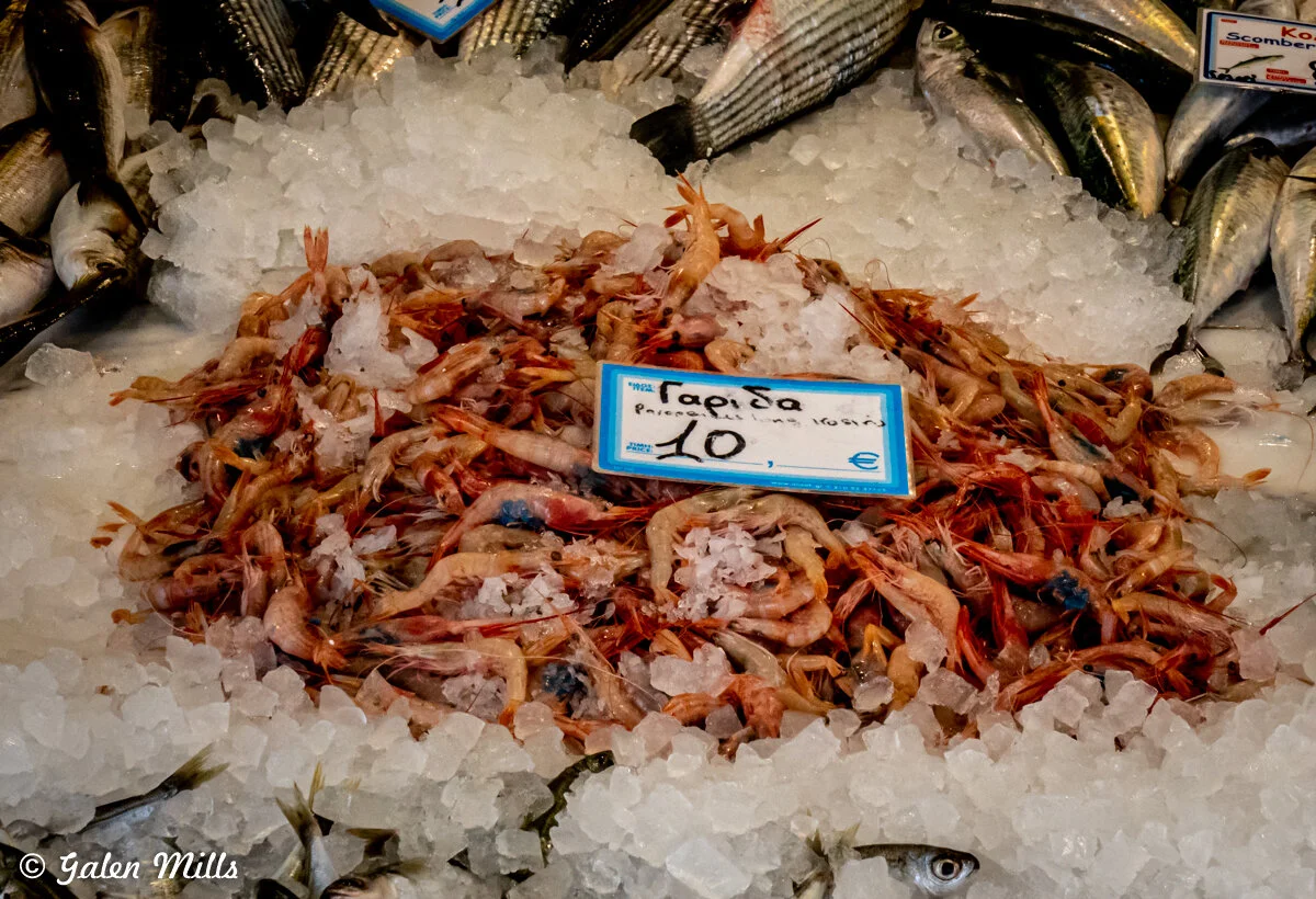 Fresh shrimp and fish displayed on ice at a market with a price sign.