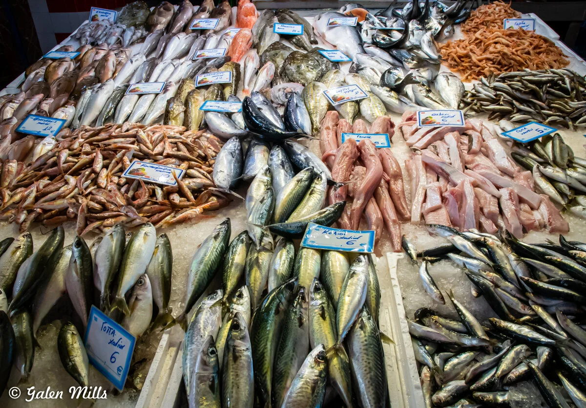 Variety of fresh fish and seafood displayed on ice in a market.