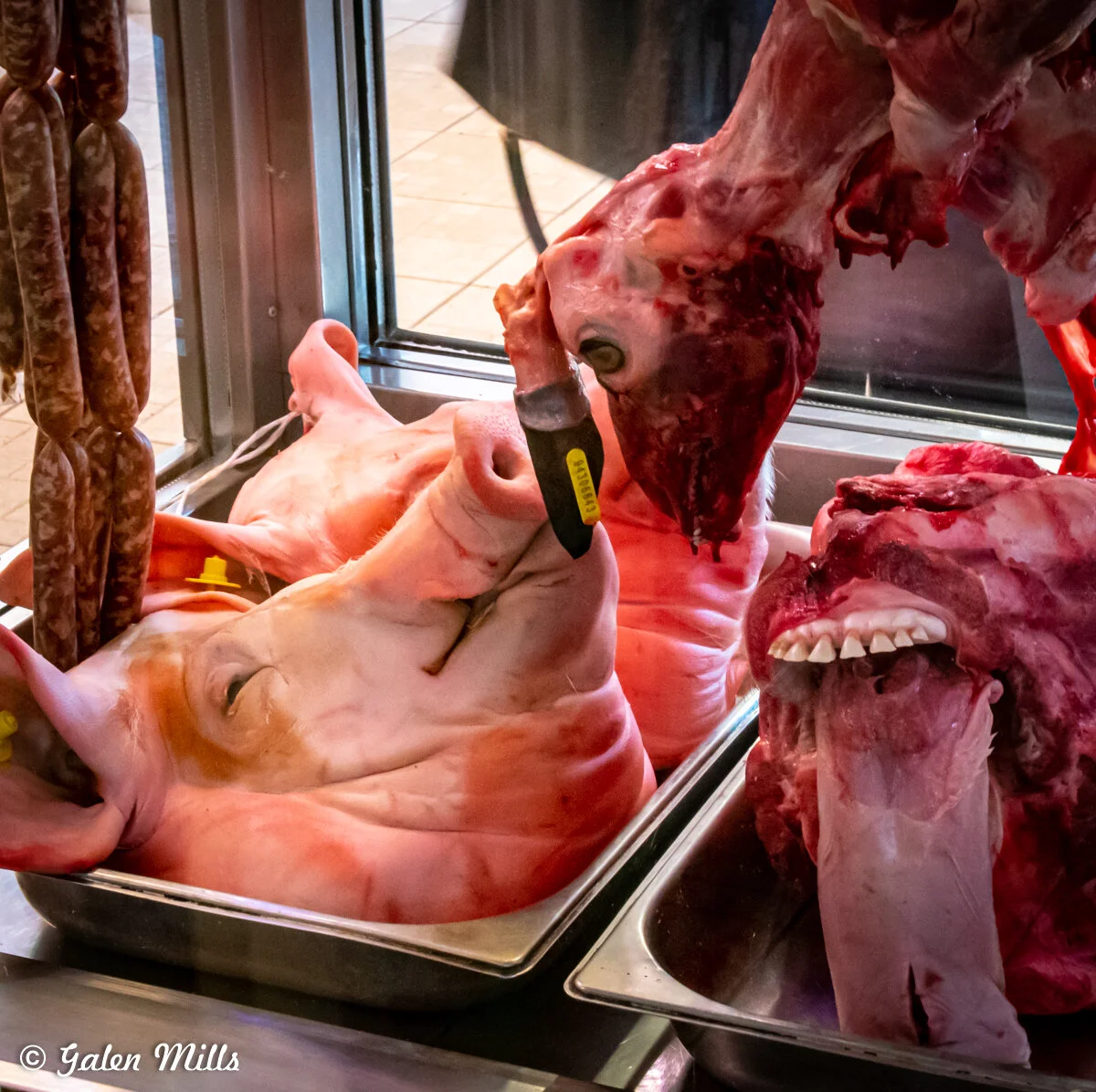 Assorted animal heads and sausages displayed in a butcher shop.
