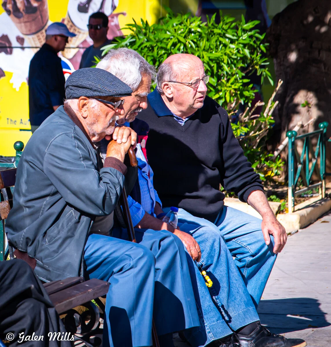 Three elderly men sitting on a bench, two wearing glasses, one holding a cane, in a sunny outdoor setting with greenery.