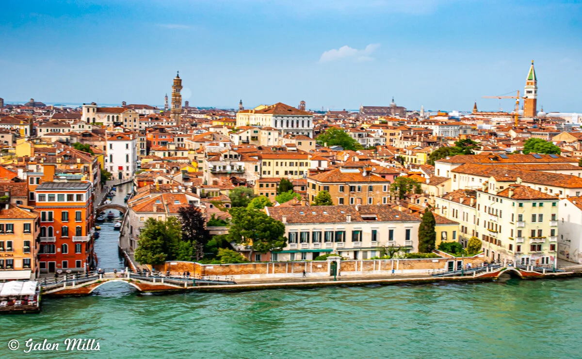 Aerial view of Venice with canals and historic buildings