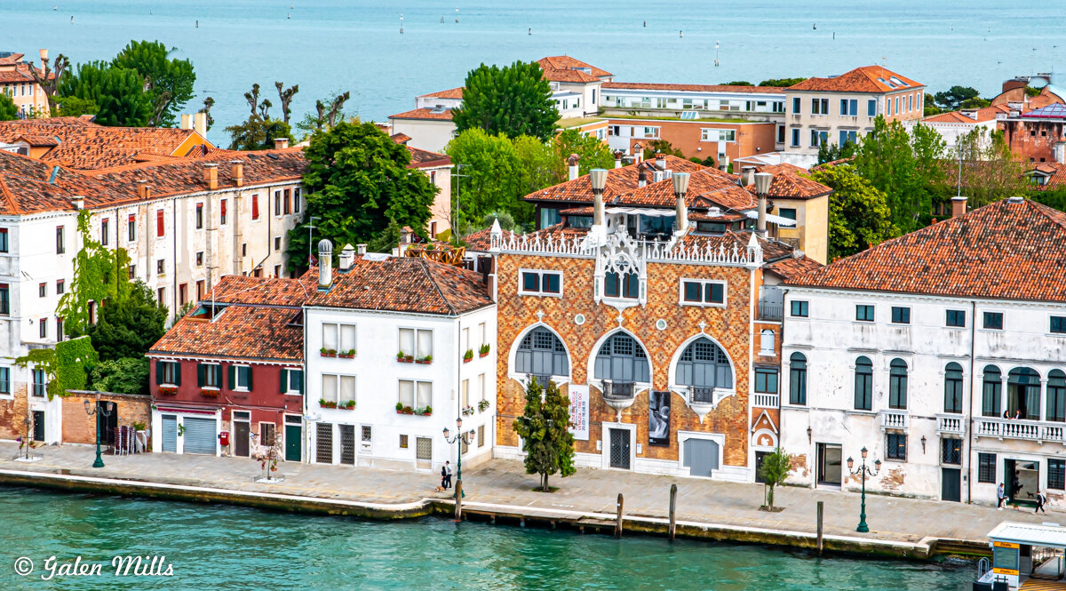 Venice waterfront with historic buildings and decorative architecture, featuring arched windows and terracotta roofs, against a backdrop of greenery and the waterfront.