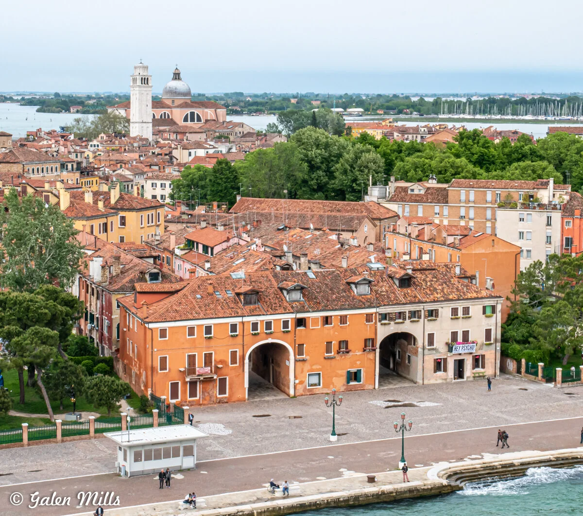 Panoramic view of Venice, Italy with terracotta rooftops and a historic church in the background, next to a waterway and green trees.