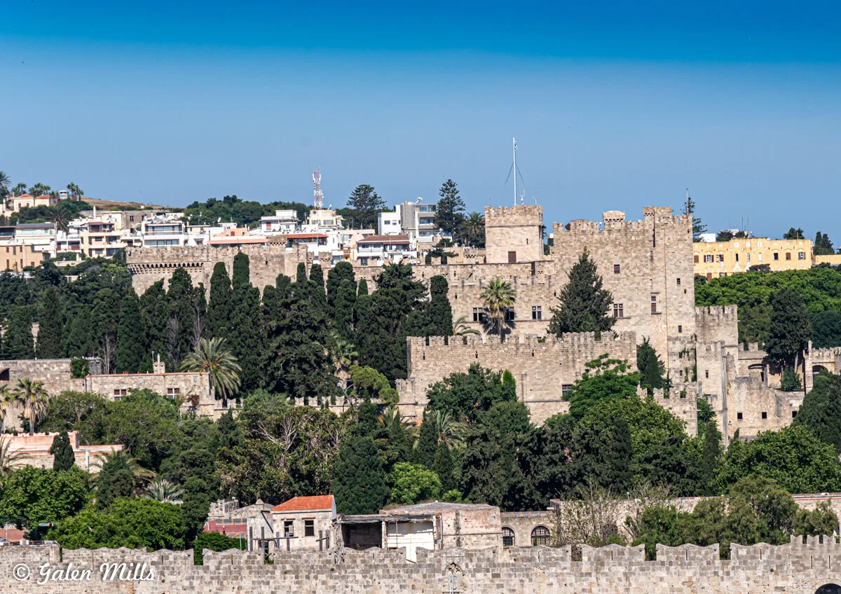 Medieval stone castle and surrounding buildings with trees and clear blue sky.