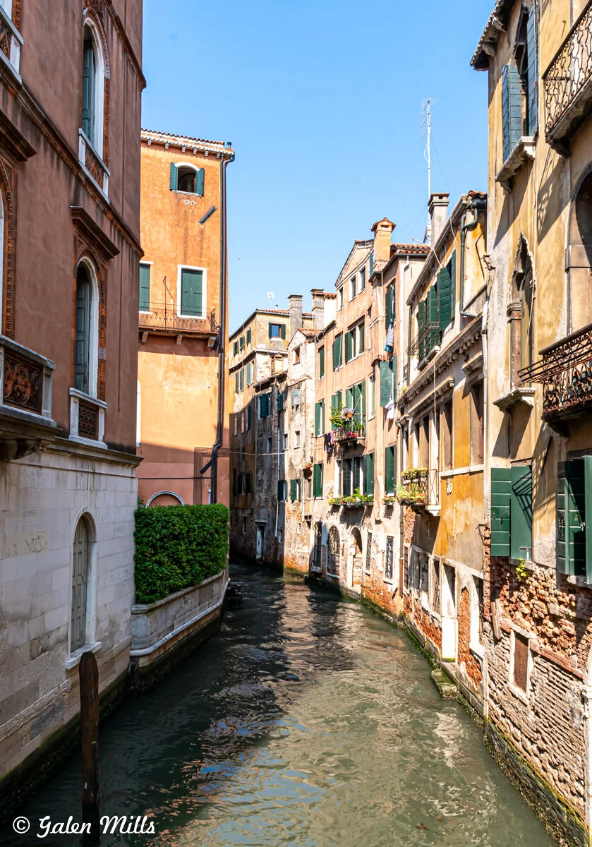 Narrow canal in Venice with old buildings, green shutters, and overhanging plants on a sunny day.