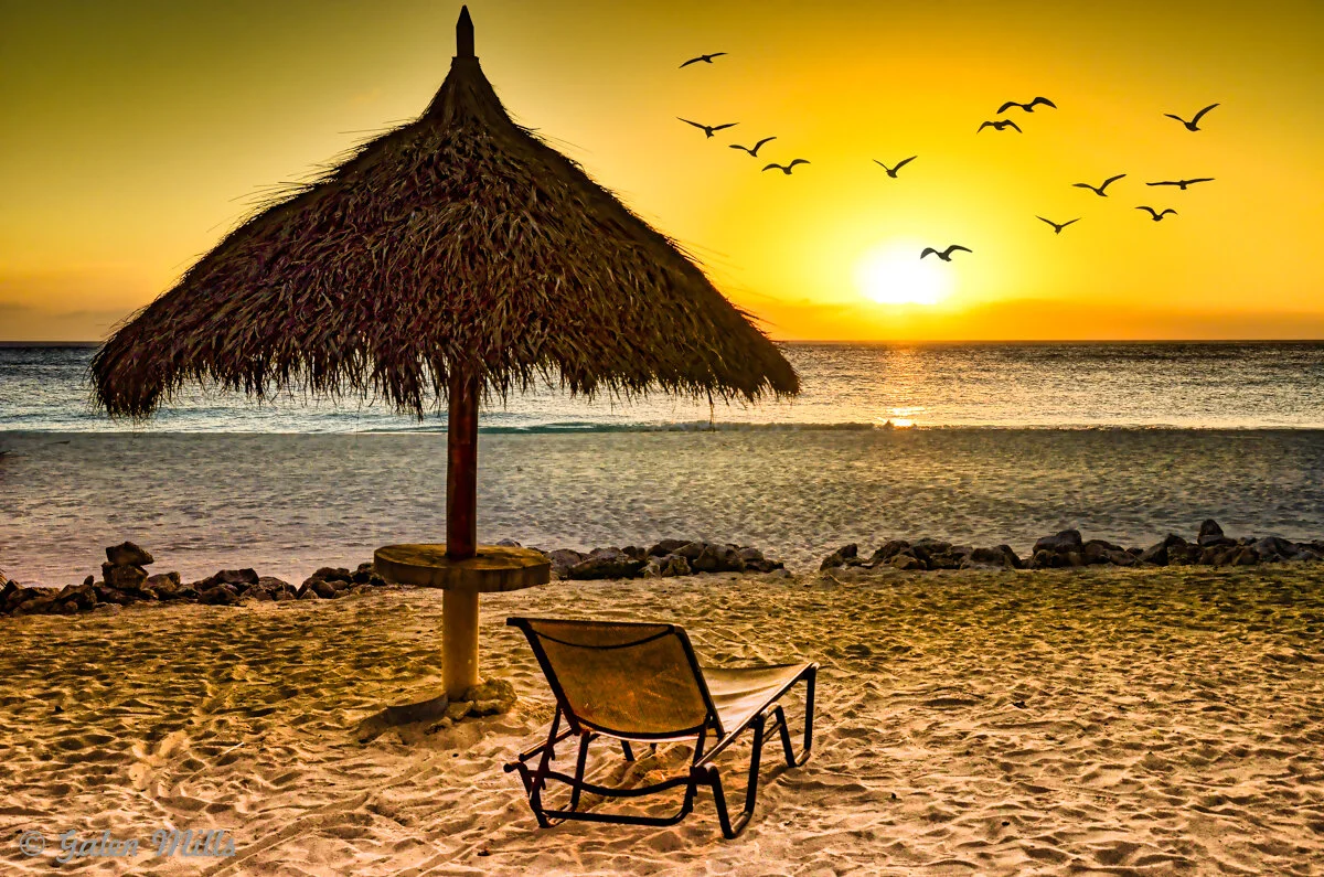 Beach sunset scene with a thatched umbrella, lounge chair, and flying birds over the ocean.
