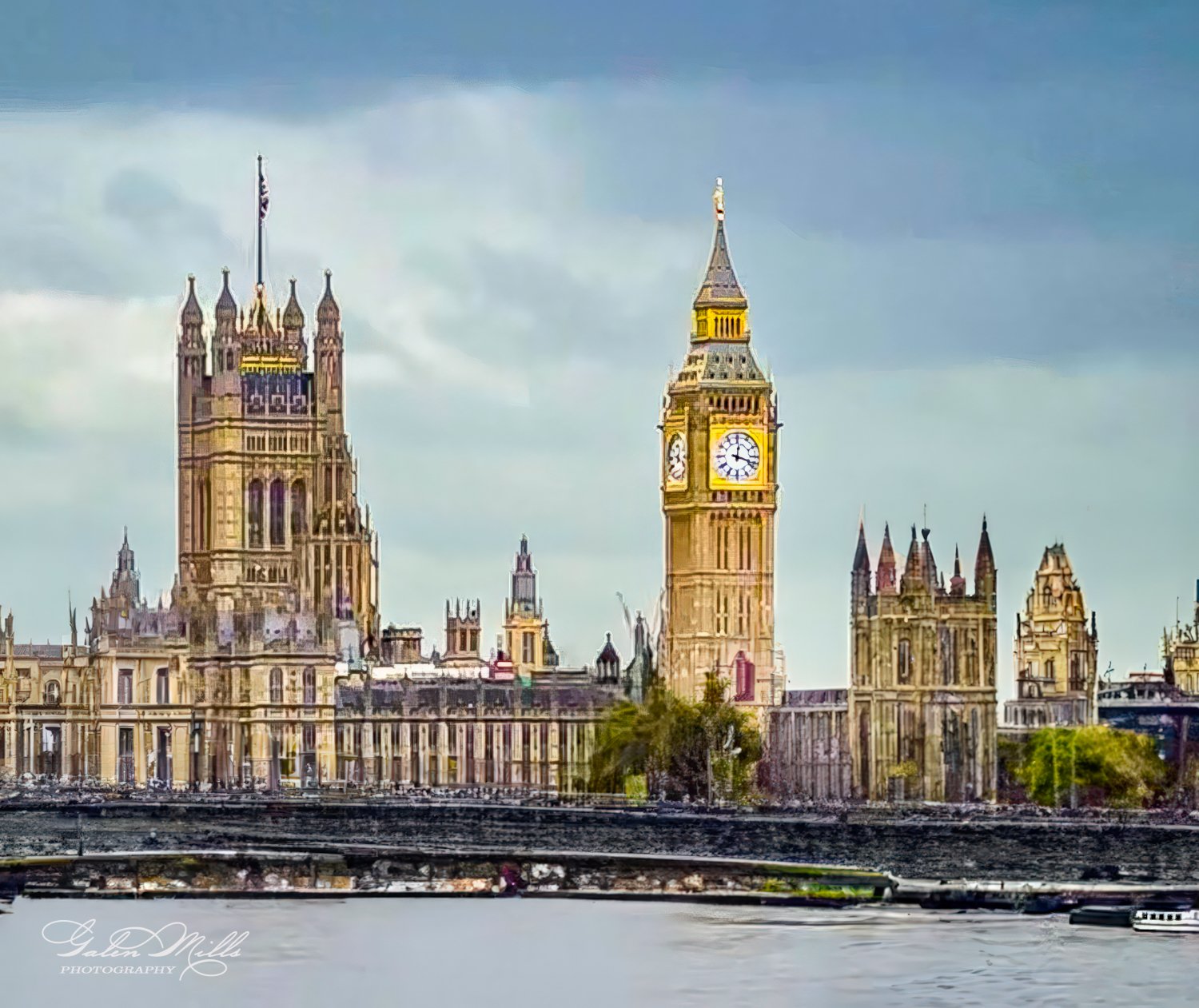 Big Ben and the Houses of Parliament in London with cloudy sky.