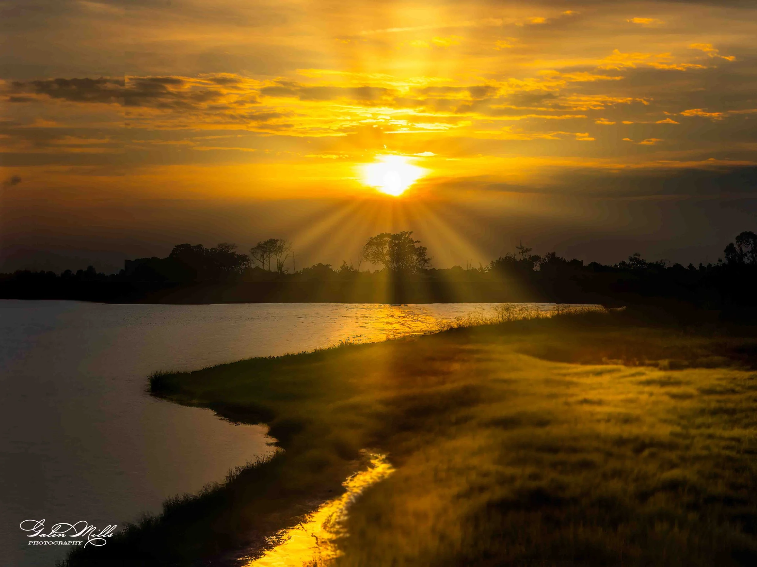 Sunset over a river with grassy banks, silhouetted trees in the background, and a partly cloudy sky illuminated with golden hues.