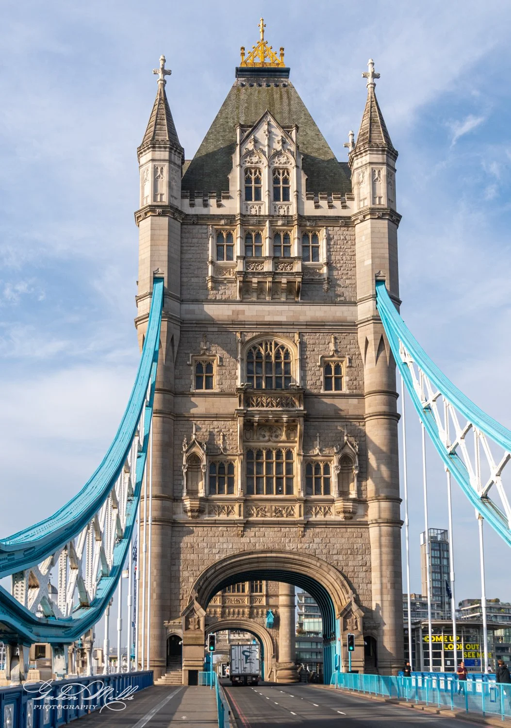 Tower Bridge in London with blue sky and road view