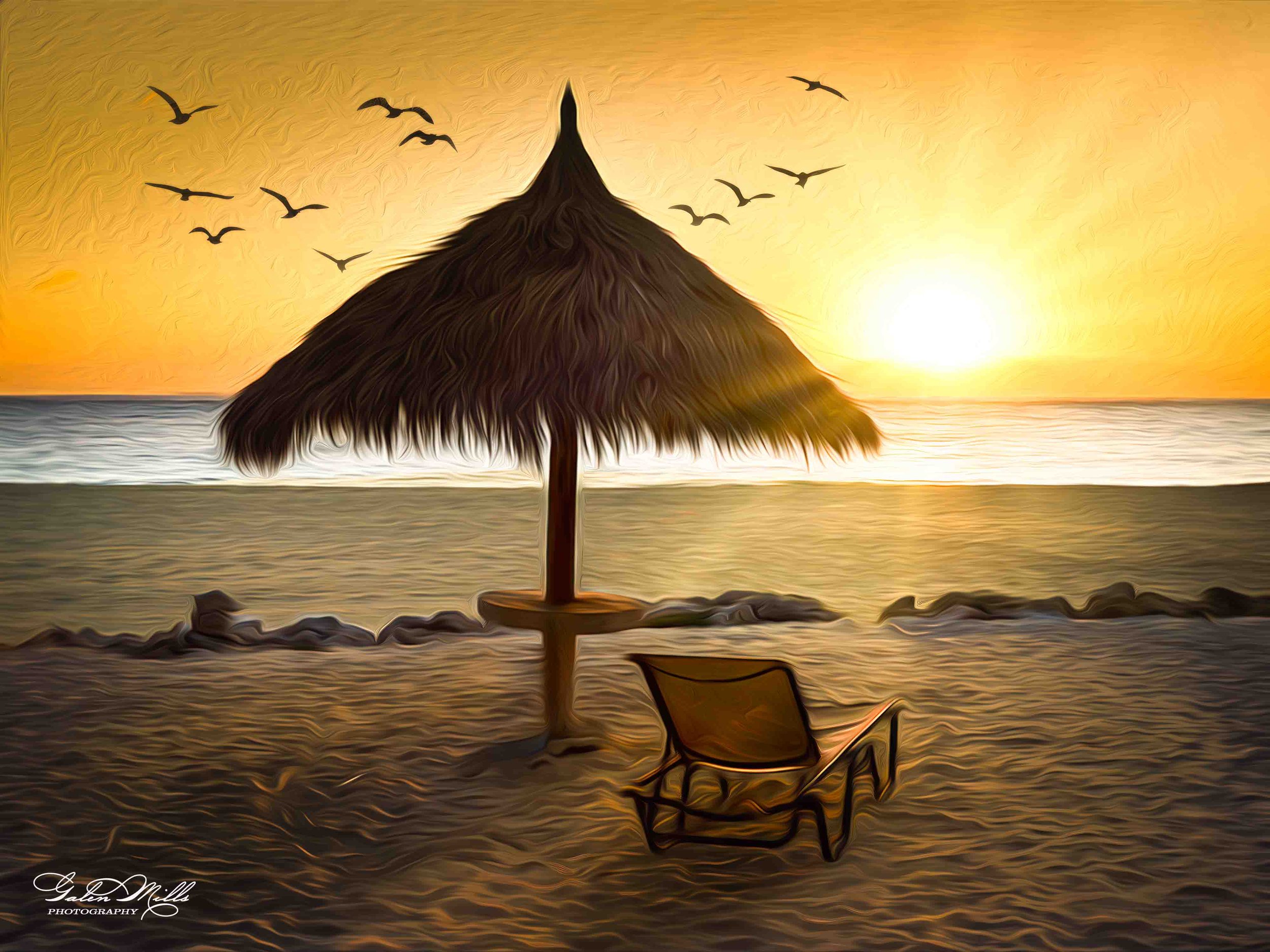 A digital painting of a beach scene at sunset with a thatched umbrella, a lounge chair, and birds flying in the sky.