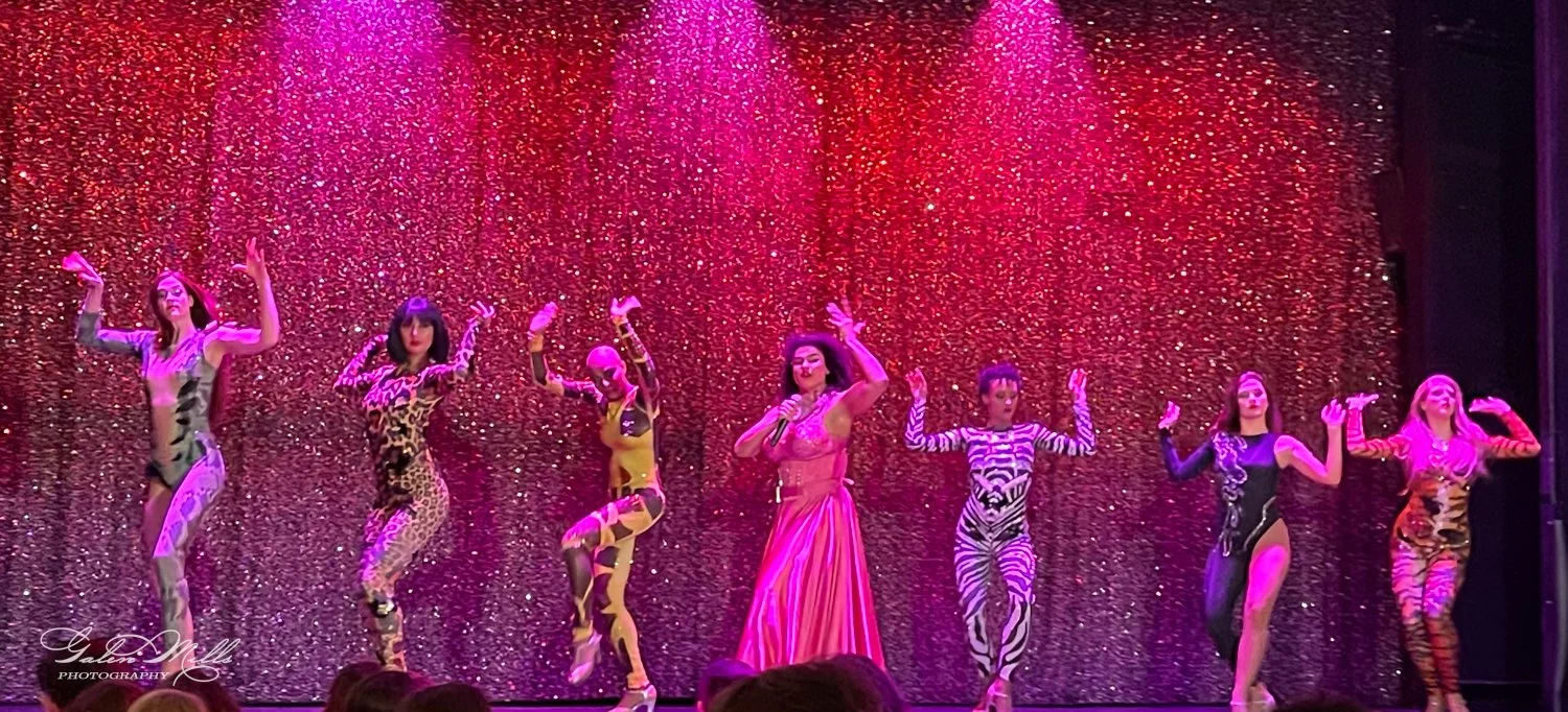 Performers on stage in colorful costumes with a sparkly backdrop, under pink lights.