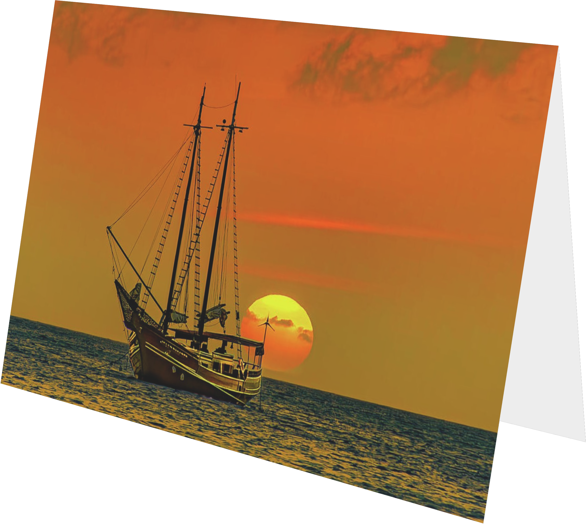A sailing ship on the ocean at sunset with the sun low on the horizon, casting a warm orange glow across the sky and water.