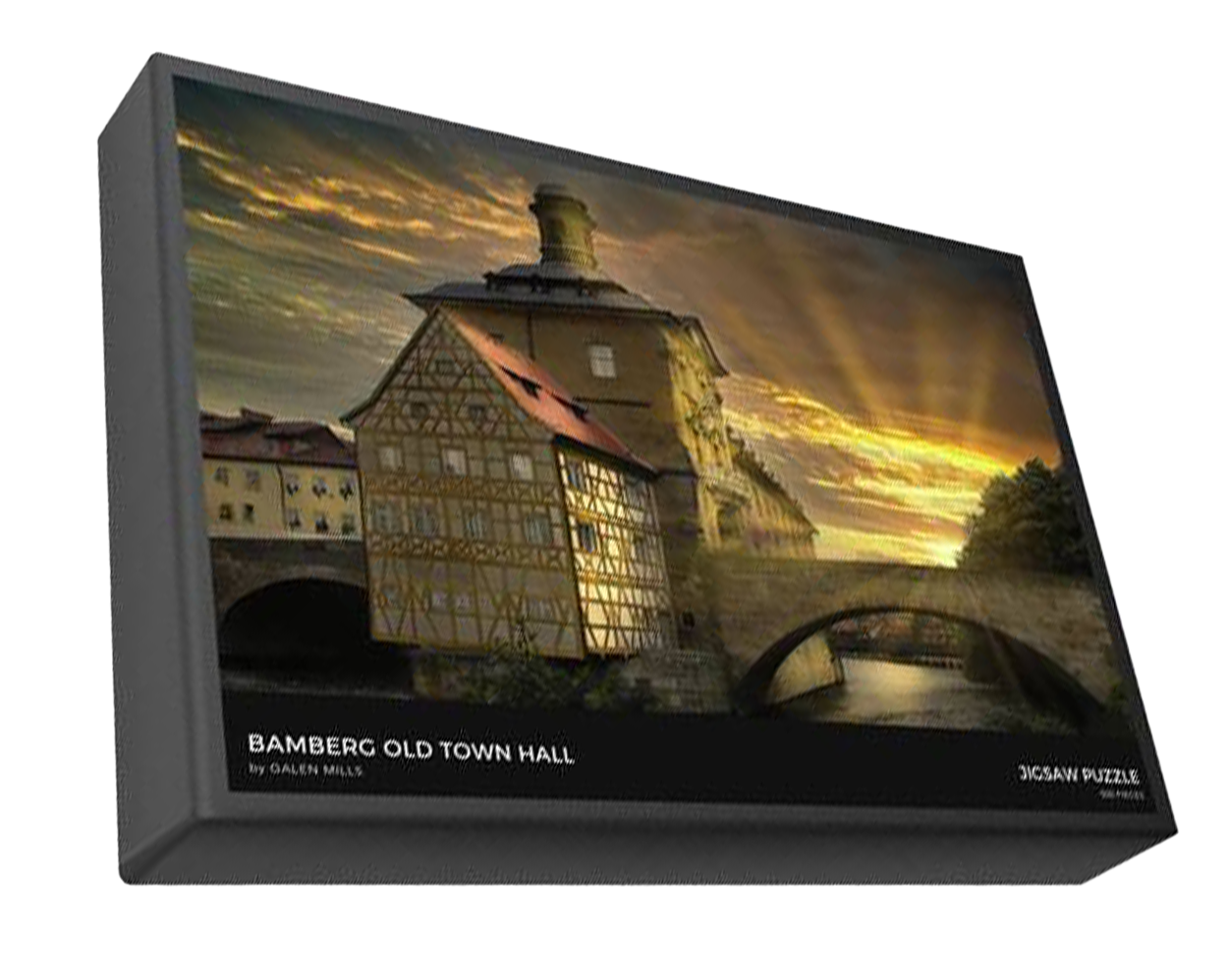 A puzzle box features an image of Bamberger Old Town Hall with a sunset sky, traditional German architecture, and a stone bridge.