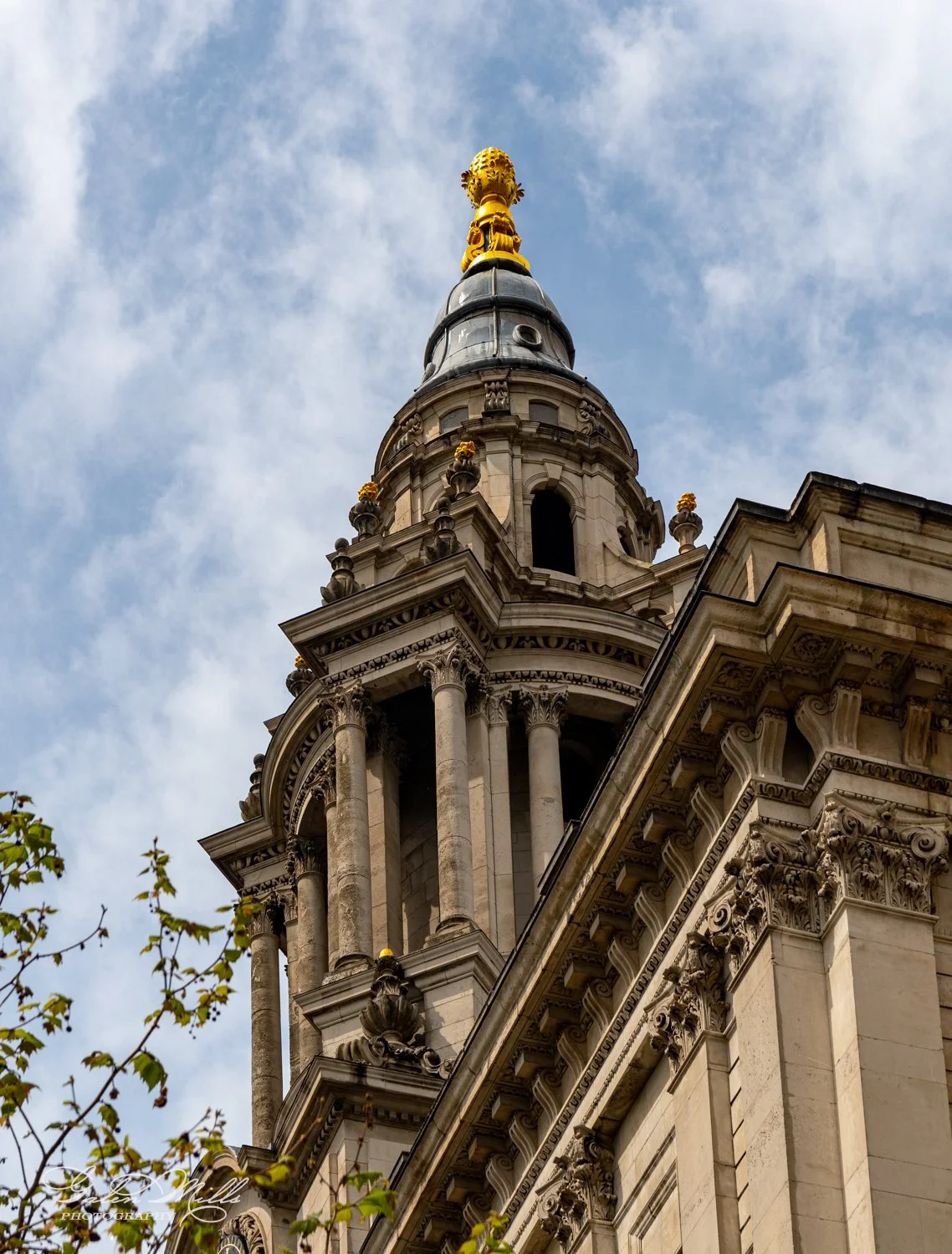 Ornate architectural dome and columns of a historic building against a cloudy sky.