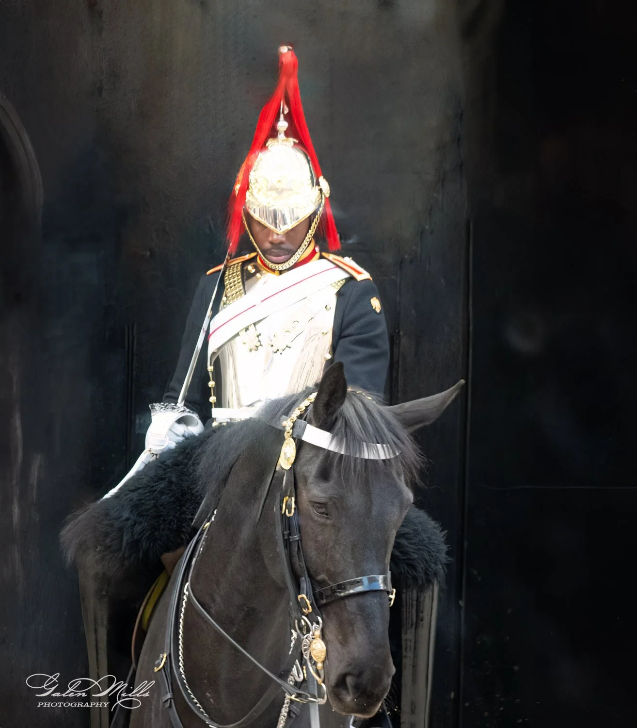 A royal guard in ceremonial uniform with a red plume on a black horse.