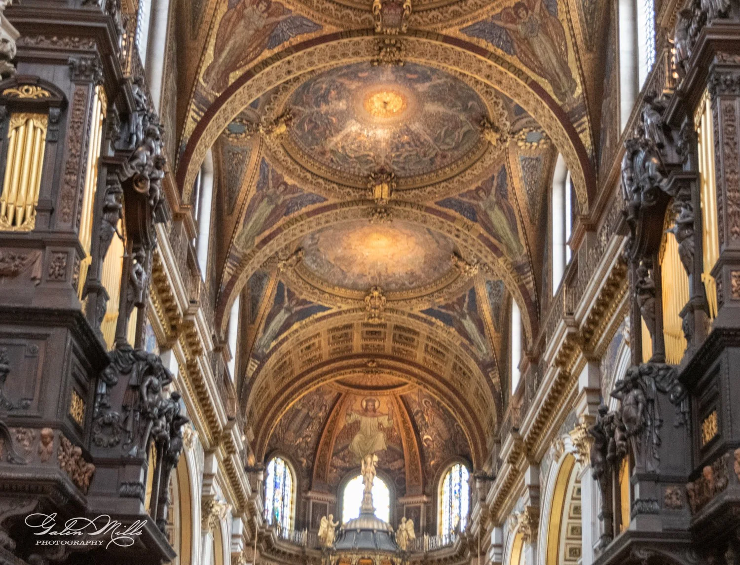 Interior of cathedral with ornate ceiling and arches