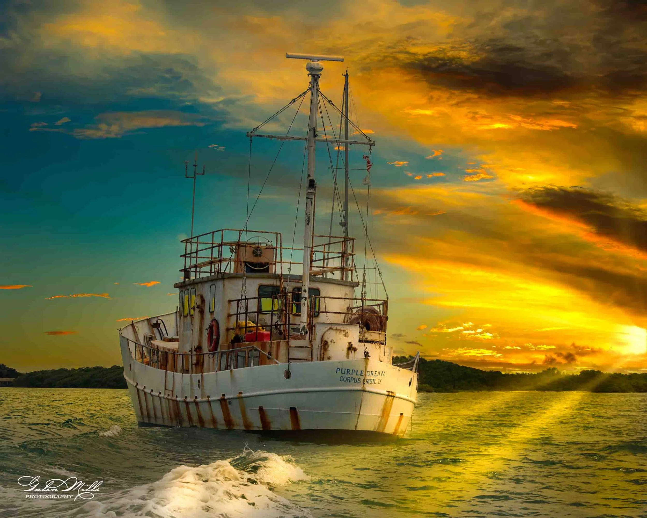 A rusty white boat named 'Purple Dream' sailing on water during sunset with colorful sky and clouds.