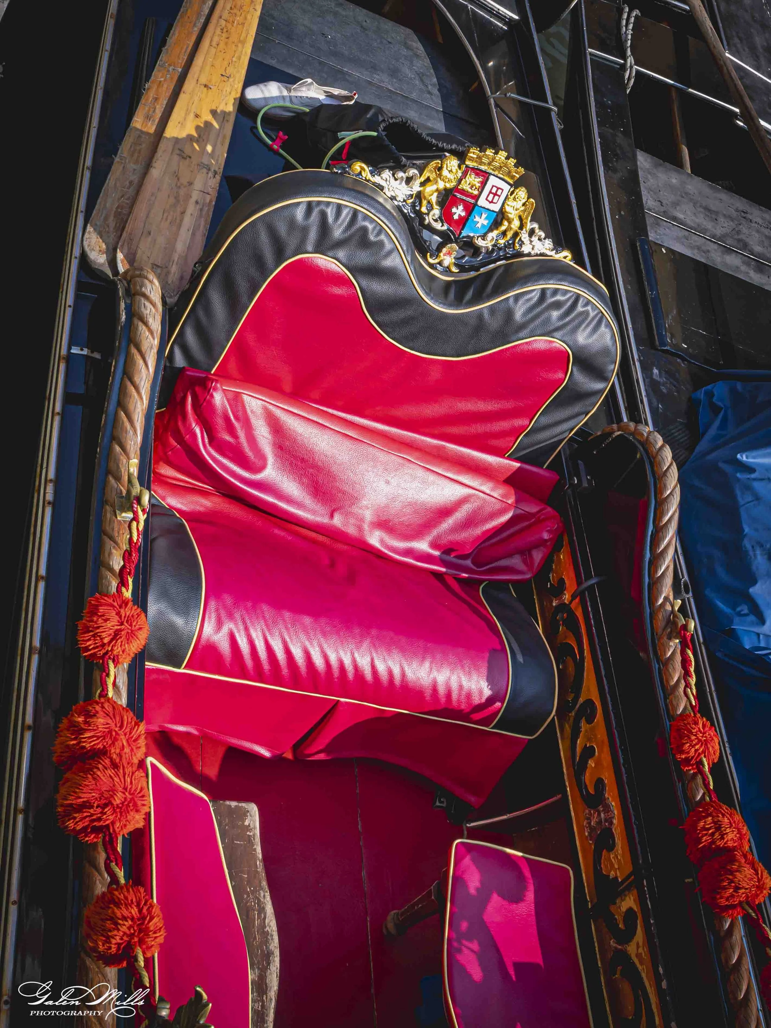 Close-up of a decorated palanquin with a red and black cushioned seat, ornate gold and silver embellishments, and red flowers attached to poles on either side.